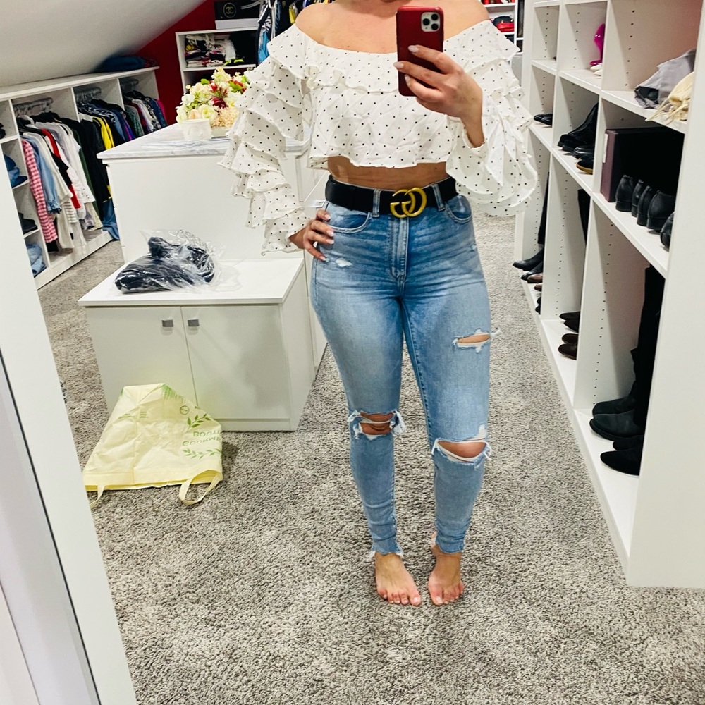 Forever 21 White Polka Dot Ruffle-Sleeve Crop Top